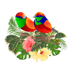 Tropical birds  on a branch bouquet with tropical flowers hibiscus palm,philodendron on a white background vintage vector illustration editable hand draw