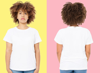 African american girl in white t shirt template on isolated. Blank t shirt design. Front and back...