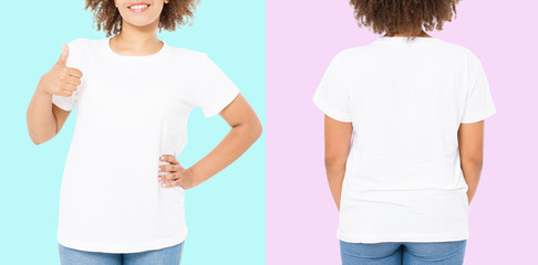African american girl in white t shirt template on isolated. Blank t shirt design. Front and back...