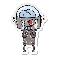 distressed sticker of a cartoon crying robot