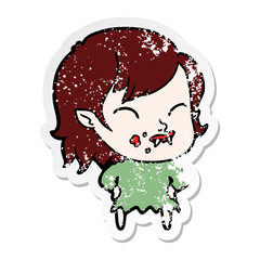 distressed sticker of a cartoon vampire girl with blood on cheek