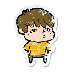 distressed sticker of a cartoon curious man