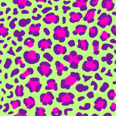 Vector abstract seamless bright animalistic leopard pattern with vivid pink and violet colored stains elements on the green background
