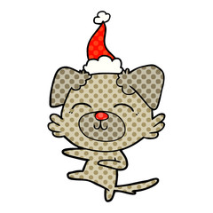 comic book style illustration of a dog kicking wearing santa hat