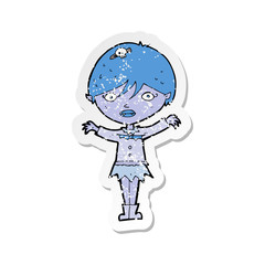 retro distressed sticker of a cartoon waving vampire girl