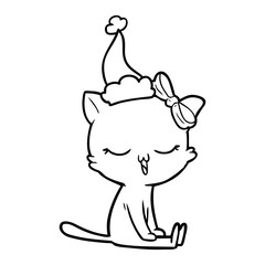line drawing of a cat with bow on head wearing santa hat