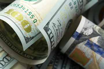 American dollars. A stack of hundred dollar bills. Close up