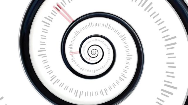Abstract time tunnel with double vision effect, seamless loop. Blurred rotating funnel with clock hands and tick marks on white background.