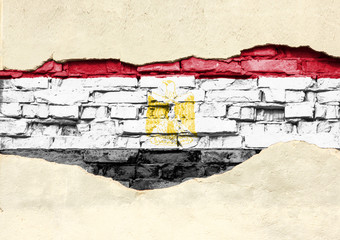 National flag of Egypt on a brick background. Brick wall with partially destroyed plaster, background or texture.