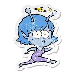 distressed sticker of a cartoon alien girl