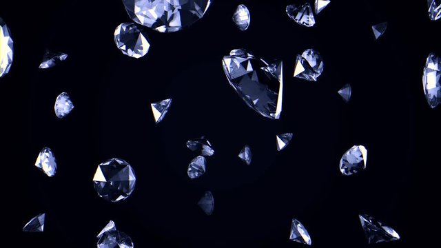 Abstract background with slowly falling upwards crystals or diamonds. The brilliants fall, rotate on a black background and shine of all edges.