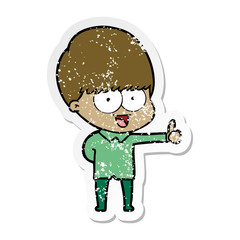 distressed sticker of a happy cartoon boy
