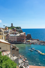 Italy, Cinque Terre, Vernazza, HIGH ANGLE VIEW OF BUILDINGS AGAINST SEA