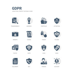 simple set of icons such as account, person, key, document, gear, lock, gdpr, photo, id card, finger. related gdpr icons collection. editable 64x64 pixel perfect.