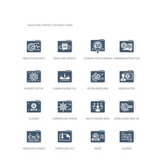 simple set of icons such as sliders, news, download file, circular glasses, world wide web on grid, multitasking man, cobweb and spider, closing, newscaster, interlinked web. related web icons