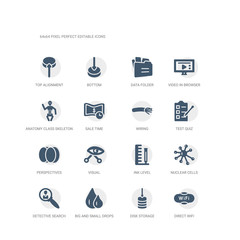 simple set of icons such as direct wifi, disk storage, big and small drops, detective search, nuclear cells, ink level, visual, perspectives, test quiz, wiring. related ui icons collection. editable