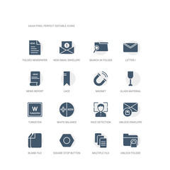 simple set of icons such as unlock folder, multiple file, square stop button, blank file, unlock envelope, face detection, white balance, tungsten, glass material, magnet. related ui icons