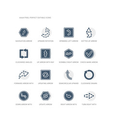simple set of icons such as turn right with broken line, right arrow with turn, update arrow, down arrow with broken lines, clockwise drawn semicircular upward updating forward broken line, check