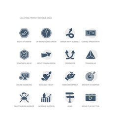 simple set of icons such as movie play button, road, increase success, multitasking worker, archery champion, hand and sprout, ecologic heart, online gambling, triangular, crossover. related ui