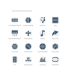 simple set of icons such as continuous, evolution, move content, lift, right curve, elevator arrows, turn left only, left curve, right turn, musical. related ui icons collection. editable 64x64