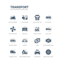 simple set of icons such as wheel vehicle part, car and key, media company truck with satellite, journalist van, zero emission badge, crate, tandem, logistics truck, black car, forklift truck.