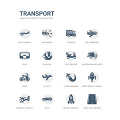 simple set of icons such as road with broken lines, rocket vertical position, auto, medical chopper transport, space rocket launch, flying airplane, flights, bikes, shipping and delivery, delivery