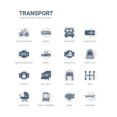 simple set of icons such as longboard, blimp, public transport, babysitter, shift, stability, car lights, boating, diesel train, sailing boat. related transport icons collection. editable 64x64