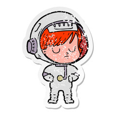distressed sticker of a cartoon astronaut woman