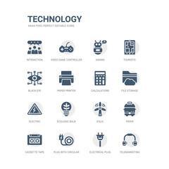 simple set of icons such as telemarketing, electrical plug, plug with circular cable, cassette tape, fryer, eolic, ecologic bulb, electric, file storage, calculations. related technology icons