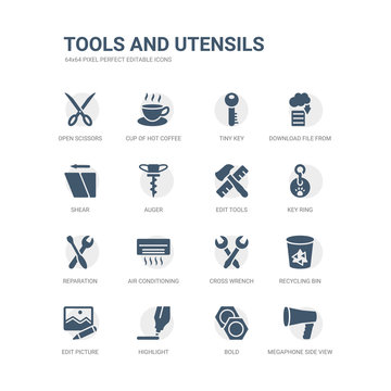 simple set of icons such as megaphone side view, bold, highlight, edit picture, recycling bin, cross wrench, air conditioning, reparation, key ring, edit tools. related tools and utensils icons