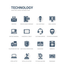 simple set of icons such as panoramic, pitching machine, satellite station, open laptop, domestic, sound box, safe shield protection, telephone with fax, stopwatch running, customer service headset.