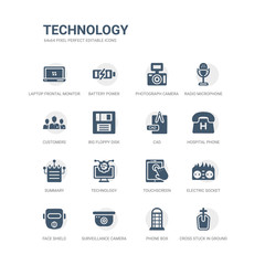 simple set of icons such as cross stuck in ground, phone box, surveillance camera, face shield, electric socket on fire, touchscreen, technology, summary, hospital phone, cad. related technology