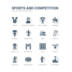 simple set of icons such as sport trophy, starting gun, running track, wing chun, mawashi, dohyo, starting line, football cup, ski poles, skibob. related sports and competition icons collection.