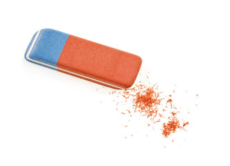 Close up of eraser on a white background, top view.