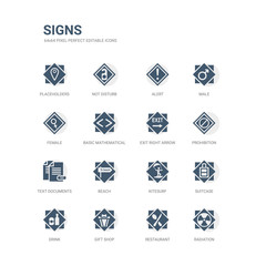 simple set of icons such as radiation, restaurant, gift shop, drink, suitcase, kitesurf, beach, text documents, prohibition, exit right arrow. related signs icons collection. editable 64x64 pixel