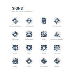 simple set of icons such as infinity, male gender, toxic, female, world grid, alarm, heat, camera, radioactive warning, atom. related signs icons collection. editable 64x64 pixel perfect.