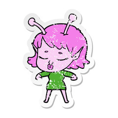 distressed sticker of a cute alien girl cartoon