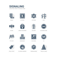 simple set of icons such as traffic cones, parking brake, allowed drinking, price ticket, m, no hooks, abecedary, pit stop, no drone zone, give way. related signaling icons collection. editable