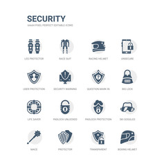 simple set of icons such as boxing helmet, transparent, protector, mace, ski goggles, padlock protection active, padlock unlocked, life saver, big lock, question mark in a shield. related security