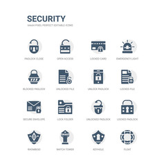 simple set of icons such as float, keyhole, watch tower, rhomboid, locked padlock, unlocked padlock, lock folder, secure envelope, locked file, unlock padlock. related security icons collection.
