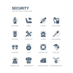 simple set of icons such as locked padlock with chain, motorbike helmet, reflective vest, emergency bell, match fire, lifeguard float, hash, goalkeeper, shock absorber, flasher. related security