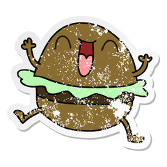 distressed sticker of a quirky hand drawn cartoon happy burger