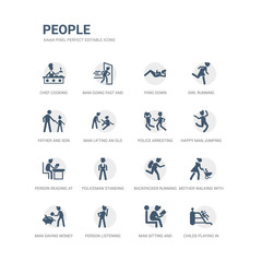 simple set of icons such as childs playing in playgrpound, man sitting and reading book, person listening, man saving money, mother walking with baby stroller, backpacker running, policeman standing
