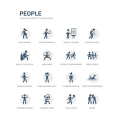 simple set of icons such as gossip, give flower, climbing sport, standing up man, stretching exercises, standing frontal man, man standing with arms up, person walking, family group, group of men