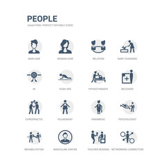 simple set of icons such as networking connection, teacher reading, masculine avatar, rehabilitation, psychologist, paramedic, pulmonary, chiropractic, recovery, physiotherapy. related people icons