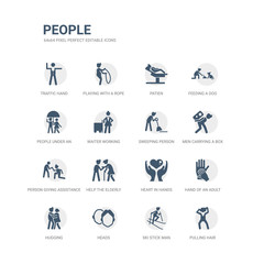 simple set of icons such as pulling hair, ski stick man, heads, hugging, hand of an adult, heart in hands, help the elderly, person giving assistance, men carrying a box, sweeping person. related