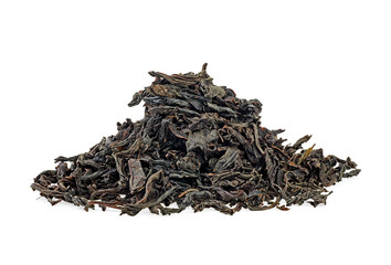 Pile of dry black tea leaves isolated on white background