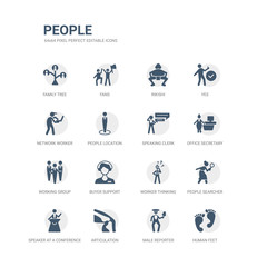 simple set of icons such as human feet, male reporter, articulation, speaker at a conference, people searcher, worker thinking, buyer support, working group, office secretary, speaking clerk.