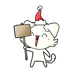 happy little gradient cartoon of a dog holding sign wearing santa hat
