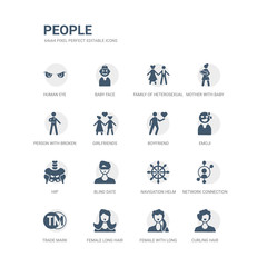 simple set of icons such as curling hair, female with long hair, female long hair, trade mark, network connection, navigation helm, blind date, hip, emoji, boyfriend. related people icons